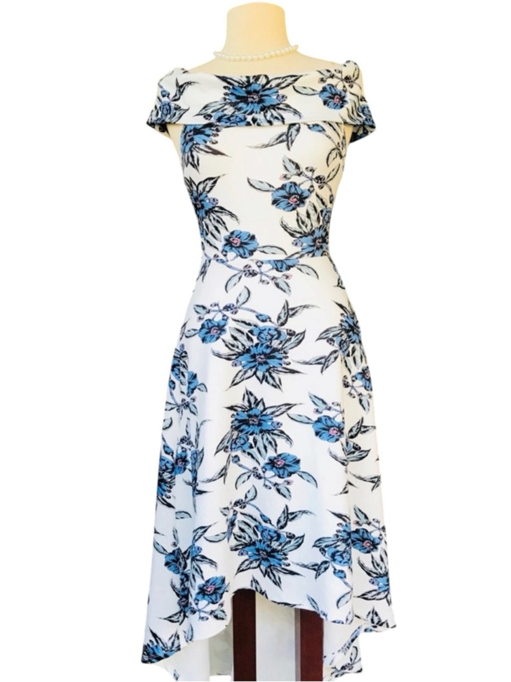 High Low Dress White with Blue Floral Print Charlotte Russe Size Medium